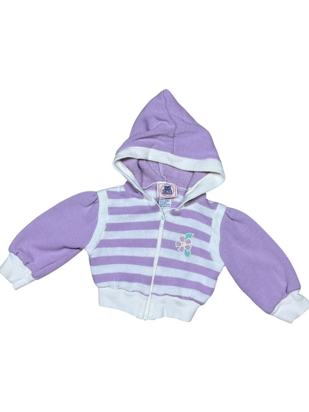 Vintage 70s Pastel Purple White Baby Crop Zip Up Hoodie Flower Applique 3-6 mo